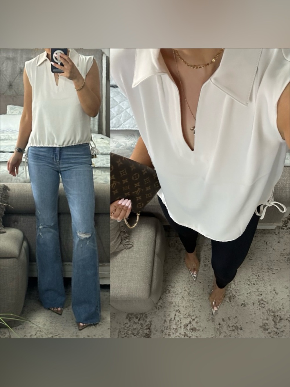 New✨ Chic Ivory Cinch Waist Sleeveless Blouse